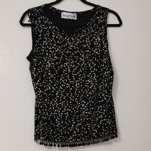 Ronni Nicole Black Tank with White Beaded Vine Detail and Pom Hem